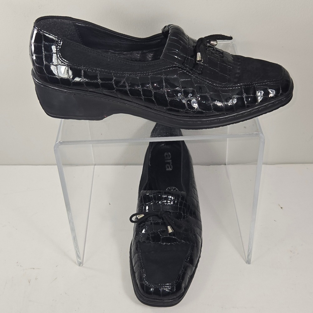 Ara Black Patent Croc Embossed Leather Wedge Loafers Kiltie Bow Shoes Womens 9